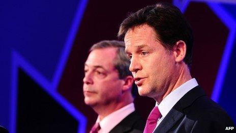 Nigel Farage and Nick Clegg during the first of two EU debates