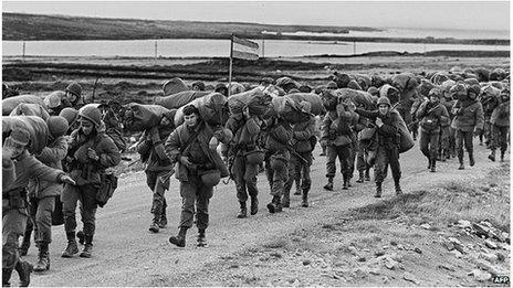 Argentine soldiers on their way to occupy the captured Royal Marines base in Port Stanley, a few days after Argentina seized the Falkland Islands