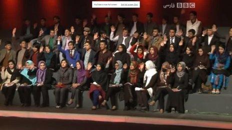Fifty young voters taking part in a pre-election debate at Kabul's 1TV studios