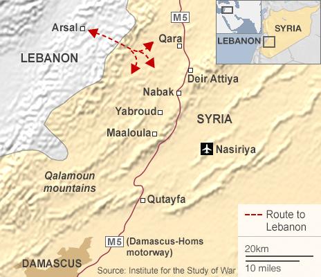 Map showing Yabroud and the Qalamoun mountains