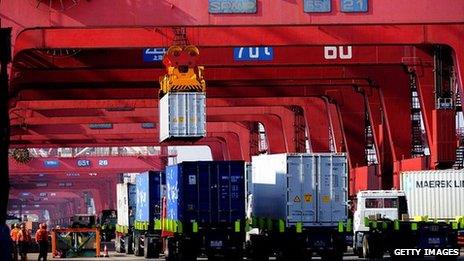 Containers being transported in Qingdao, China, March 2014