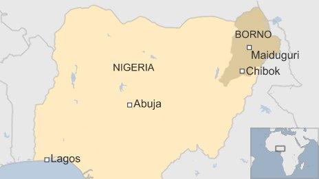 A map showing Borno state and the town of Chibok in Nigeria