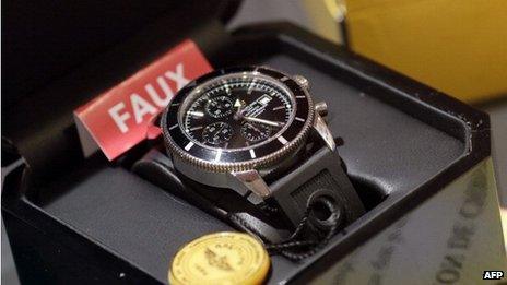 A fake Breitling watch on display in Paris