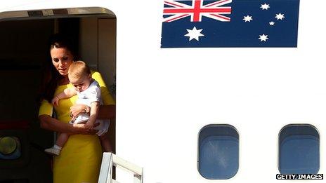 Catherine, Duchess of Cambridge, and Prince George step off the plane at Sydney