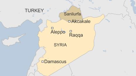 Map of Syria, showing Aleppo, Raqqa, Damascus and the town of Akcakale in the Turkish province of Sanliurfa