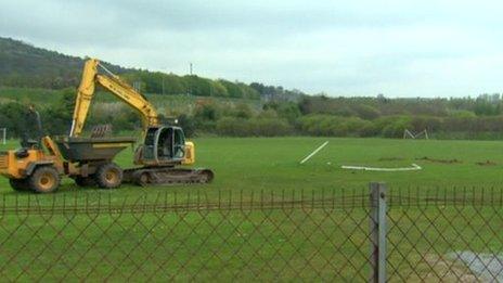 Vandals used the stolen digger to rip up part of the pitch and to knock down goal posts