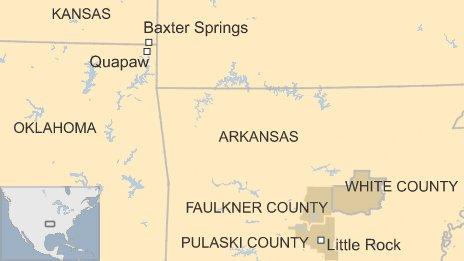 Map of Arkansas, Oklahoma and Kansas