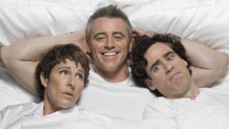 Tamsin Greig, Matt Le Blanc and Stephen Mangan in Episodes