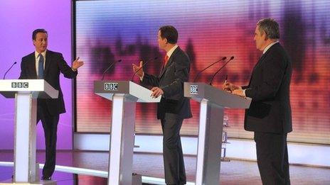 David Cameron, Nick Clegg and Gordon Brown during the third leaders' debate in 2010