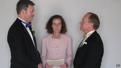 Mark Andrew, left, and Bishop Gene Robinson marry in a civil ceremony in Concord, NH (7 June 2008)
