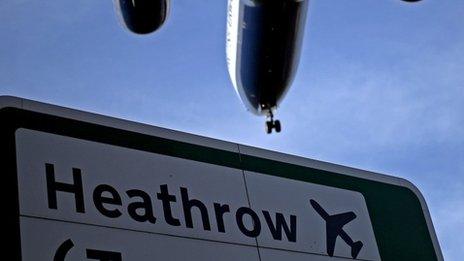 Plane flying over a Heathrow Airport sign
