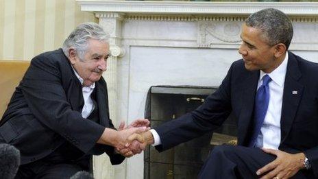 President Obama shakes hands with Uruguay's President Jose Mujica in Washington, May 12, 2014.