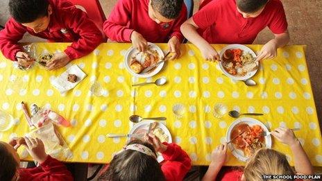 Primary school pupils eating a school dinner