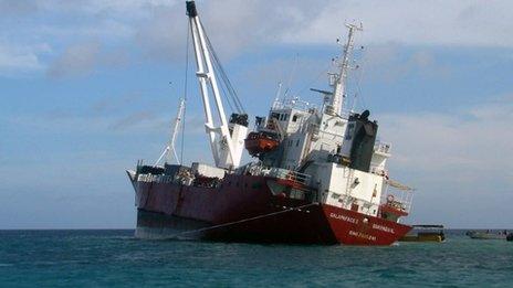 Picture taken on May 13, 2014 showing an Ecuadoran freighter which ran aground on May 9, 2014, in the Galapagos islands.