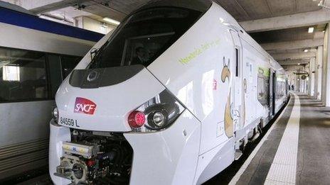 The new SNCF Regiolis Regional Express Train (TER) during its presentation at the Vaugirard railway station in Paris (April 2014)
