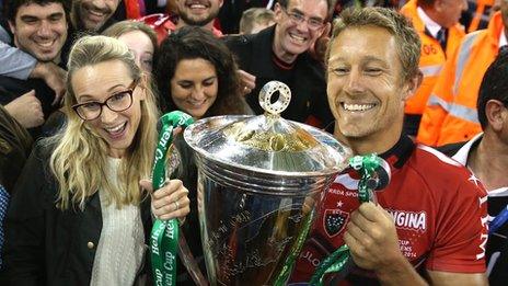 Jonny Wilkinson celebrates with the Heineken Cup and wife Shelley at the Millennium Stadium