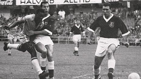 Pele scores the winner for Brazil against Wales in the 1958 World Cup