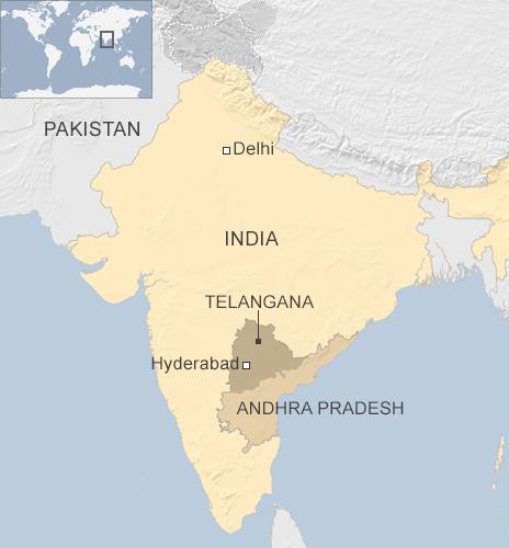 Map of India showing Telangana and Andhra Pradesh