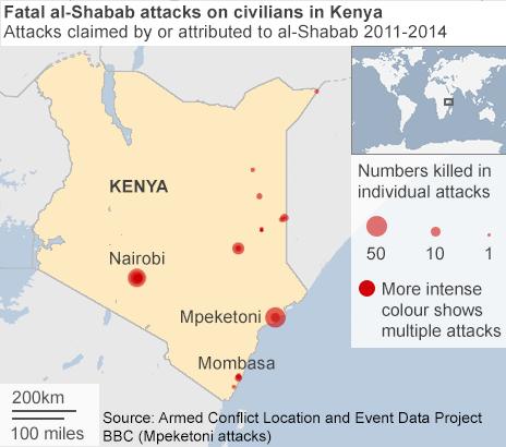 map showing al-Shabab attacks in Kenya