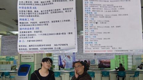 Recruitment advertisements at a labour market in Guangzhou, June 2014
