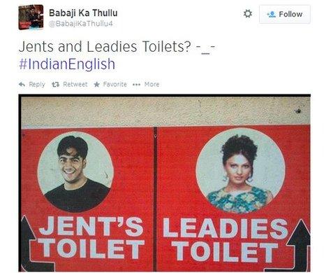 A tweet with an image of a toilet sign which says "Jents and Leadies"