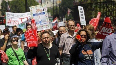 Protesters march in London at the weekend against TTIP