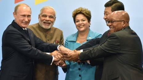 Russian President Vladimir Putin, Indian Prime Minister Narendra Modi, Brazilian President Dilma Rousseff, Chinese President Xi Jinping and South African President Jacob Zuma