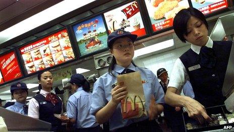 Employees at McDonald's outlet in Hong Kong
