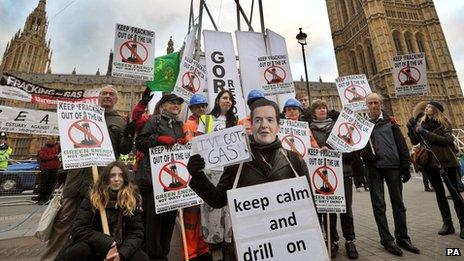 Anti-fracking protest outside the Houses of Parliament in December 2012