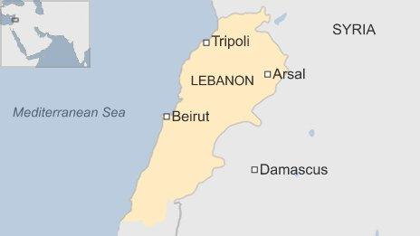 Map of Lebanon, showing Beirut and the towns of Tripoli and Arsal