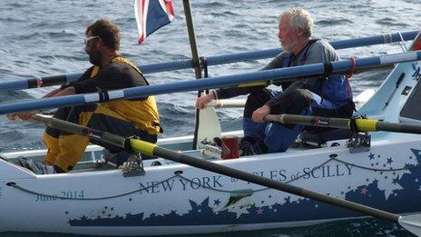 Elliott Dale and Chris Walters rowing into the Isles of Scilly