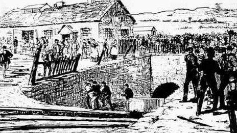 An engraving of the entrance to Park Slip Colliery
