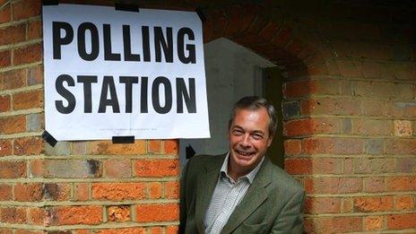 Nigel Farage outside a polling station during May's European elections