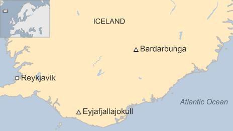 Map of Iceland showing the Bardarbunga volcano