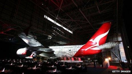 An A380 in the hangar during the QANTAS Gala Dinner at Sydney Domestic Airport on April 18, 2013 in Sydney, Australia.