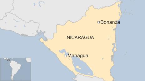 Map of Nicaragua showing the town of Bonanza and the capital Managua