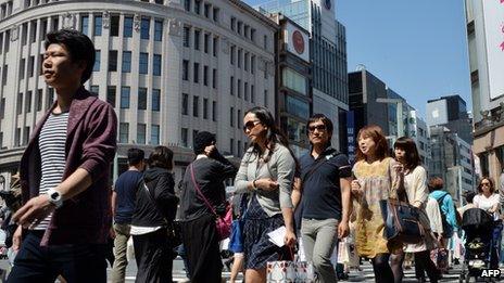 Pedestrians walk in Tokyo's Ginza shopping district