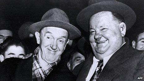 Stan Laurel (l) and Oliver Hardy in 1950