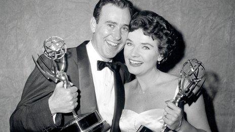 Carl Reiner and Polly Bergen pose with Emmy awards in 1958