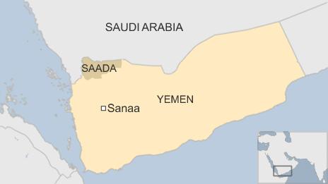 Map of Yemen showing the capital, Sanaa, and the Saada province
