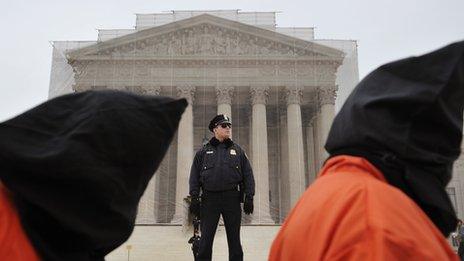 Protestors, shown here at the Supreme Court in 2013, have asked justices for better treatment of detainees