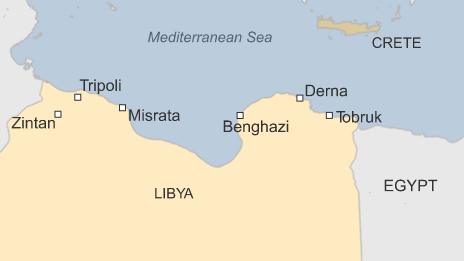 Map showing Tobruk, Tripoli, Benghazi, Derna, Zintan, Misrata and Crete