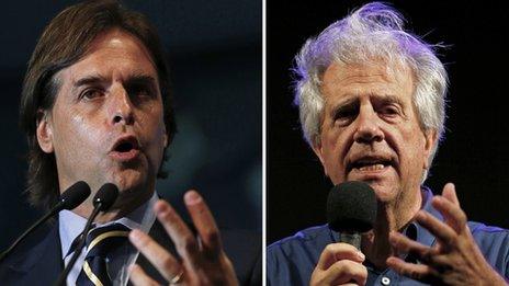A combination photo shows Luis Lacalle Pou in Montevideo on September 15, 2014 (L) and Tabare Vazquez in Montevideo on October 23, 2014.