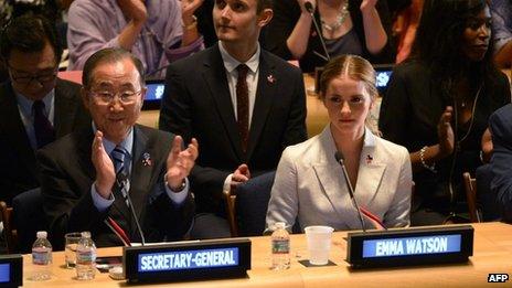 UN Women Goodwill Ambassador Emma Watson with UN Secretary General Ban Ki-Moon
