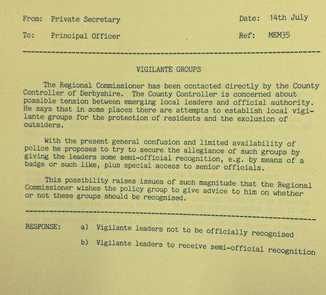 Photo of a document from the National Archives on the subject of vigilante groups