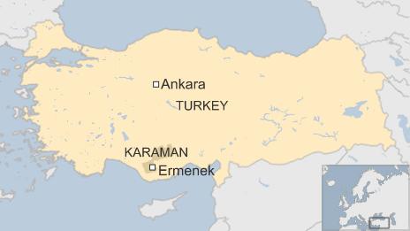 A map showing Ermenek's location, south of the Turkish capital Ankara