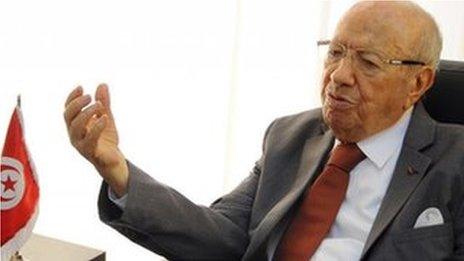 Beji Caid Essebsi, head of the Tunisian party Nida Tunis (Tunisia Calls), gestures during an interview in his office in Tunis,