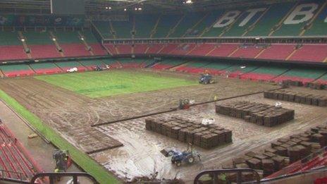 The Millennium Stadium pitch being re-laid