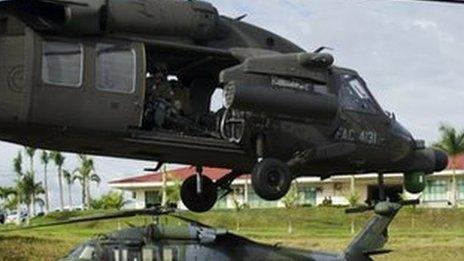 Colombian military helicopters take off to search for a general kidnapped by Farc rebels