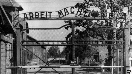 The main gate of the Auschwitz death camp complex in occupied-Poland
